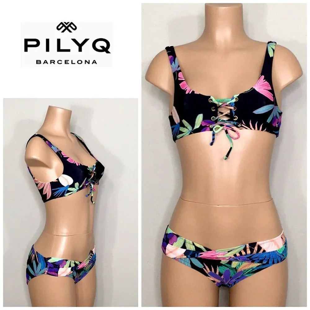 New. PILYQ multicolored palm leaf bikini.